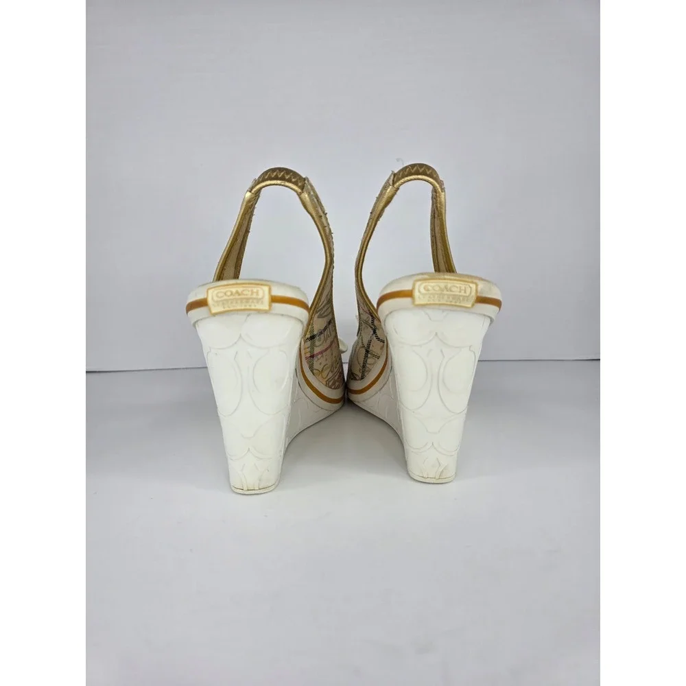 Coach Emilanna Wedge Sandals Womens 8.5B  Multi Plaid Canvas Gold Slingback